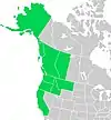 Symphyotrichum subspicatum distribution map: Canada — Alberta and British Columbia; US — Alaska, California, Idaho, Montana, Oregon, and Washington.