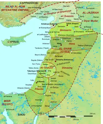 Geophysical map of the Levant (i.e. Near East or Greater Syria), with administrative districts, administrative capitals, and main settlements