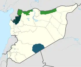 Areas under control of various opposition groups as of January 2024     Interim Government (National Army)     Salvation Government (Tahrir al-Sham)     al-Tanf (Syrian Free Army)