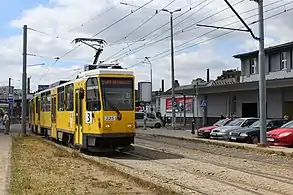 Tatra T6A2D in front of main railway station Szczecin Główny