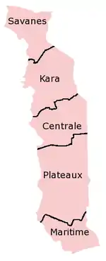 A clickable map of Togo exhibiting its five regions.