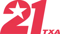 A red italic "21" in a sans serif. The top counter of the 2 is cut to feature a star shape integrated into the design. The letters "TXA", also italicized and in a sans serif, are in smaller text to the lower right.