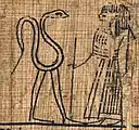 The deceased standing before a walking serpent