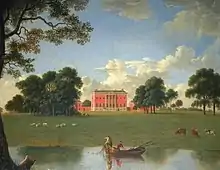 A painting of parkland with a boat on a lake in the foreground, and fields leading up to a red-brick house in the distance