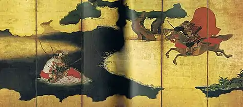 Duel between Atsumori (left) and Naozane (painting on the screen, author unknown)