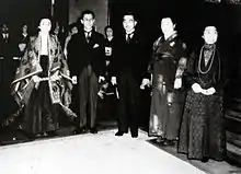 From left to right: Kazuko, Princess Taka (granddaughter), Toshimichi Takatsukasa (grandson-in-law), Emperor Hirohito (eldest son), Empress Nagako (daughter-in-law) and Empress Dowager Sadako in May 1950