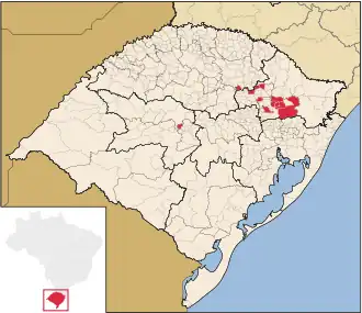 Municipalities in which Talian is co-official in Rio Grande do Sul, Brazil, highlighted in red: Bento Gonçalves, Caxias do Sul, Flores da Cunha, Nova Roma do Sul, and Serafina Corrêa.