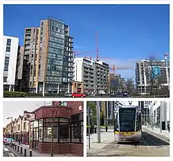 From top, left to right: Skyline from Sean Walsh Park, High Street, Luas terminus; The Square Tallaght