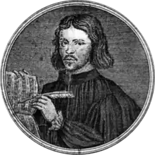 Engraving of man with long hair, holding a quill and paper