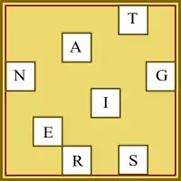 A blank square scattered with the letters of the word "tangiers".