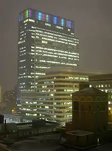 Target Plaza South, the headquarters of Target Corporation, lit up multicolored during the winter.