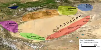 Tarim Basin in the 3rd century AD (the territory of Shule is colored purple)