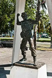 A soldier statue in Tawau Confrontation Memorial in Sabah, Malaysia, marking the victory during the battle in Kalabakan, Tawau, Sabah, Malaysian Borneo.