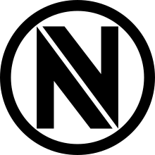 Inscribed in a circle, a capital letter "N" is diagonally split from the top left to the bottom right producing the lower case letters "N" and "V" (abbreviation of envy).