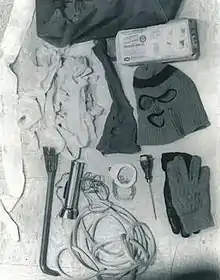 The murder kit includes a sports bag, garbage bags, ski mask, nylon stocking with holes, flashlight, crowbar, an ice pick, and some gloves.