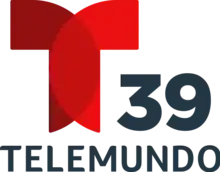 The Telemundo network logo, a T with two circular overlapping components. To the right and under the T, the number 39. Beneath it, in a sans serif, the word Telemundo.