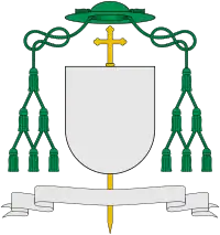 Galero vert with six tassels per side, used by bishops in place of a helmet (and single-barred cross)