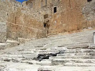 Remnants of the 1st century Stairs of Ascent, discovered by archaeologist Benjamin Mazar, to the entrance of the Temple Courtyard. Pilgrims coming to make sacrifices at the Temple would have entered and exited by this stairway.