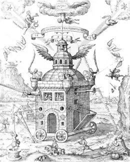 Emblematic image of a Rosicrucian College; illustration from Speculum sophicum Rhodo-stauroticum, a 1618 work by Theophilus Schweighardt. Frances Yates identifies this as the "Invisible College of the Rosy Cross. Robert Boyle was a member of this association.