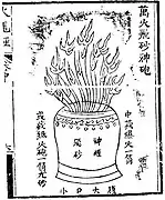 A 'flying-sand divine bomb releasing ten thousand fires' (wan huo fei sha shen pao) as depicted in the Huolongjing. A weak casing device possibly used in naval combat.