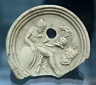 Odysseus and the arms of Achilles (oil lamp fragment, 1st century AD)