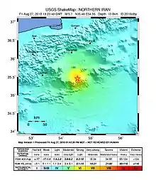 Map of the epicenter region showing varying shaking intensities