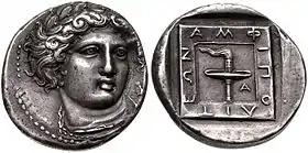 Two sides of a silver coin. The obverse (left) shows the head of the god Apollo, and the reverse (right) depicts a racing torch enclosed by a square.