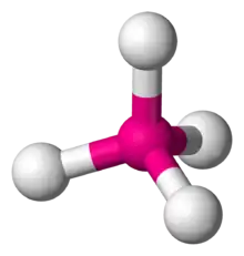 Skeletal model of a terahedral molecule with a central atom (oganesson) symmetrically bonded to four peripheral (fluorine) atoms.