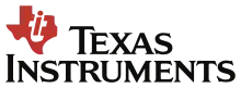 The Texas Instruments logo has two components: The written company name and a graphical logo at the top left. The company name Texas Instruments is written across two lines in small caps. The black lettering is centered along the vertical axis. Above the letters Ins of Instruments is a graphical component: The graphic features an approximate outline of the state of Texas using a conformal map projection aligned north. The area is filled with red color. At the top of this area, however, there is an indentation of the shape of the lower-case letter T. Within the blank area of this letter T another red-colored letter, the lower-case letter I, is embedded.