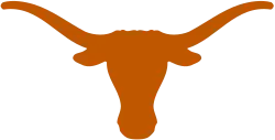 The logo for the Texas Longhorns athletic programs. Designed to denote the head of a longhorn, the logo generally takes the shape of a horizontally elongated "y", with two tusks and two ears; the logo is a monochromatic dark orange.