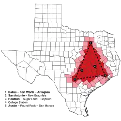 The cities and counties in or near the Texas Triangle, a megaregion of the U.S. state of Texas: City names in bold in the map legend are in the top 10 most populous Texas cities.