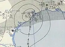 Weather map showing the storm with weather observations and isobars plotted