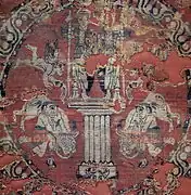 Byzantine silk textile with elevated twins receiving offerings (7th/8th century CE)