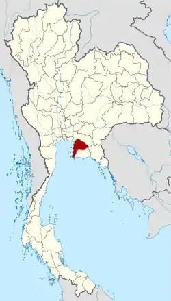 Map of Thailand, with a small highlighted area near the centre of the country, near the coast of the Gulf of Thailand