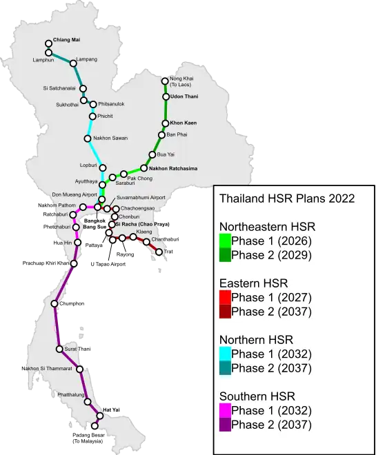 Color-coded rail map of Thailand