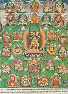 The 25 Kalki, who are Kings of Shambala, are surrounding a Yidam (meditation deity), located in the middle. The first top two middle rows has seated representations of Tsongkhapa, dressed in orange/yellow. This originates from the scriptures that are part of the Indo-Tibetan Vajrayana Buddhist tradition.