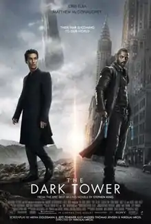 A merging of a desert landscape with a large tower on the left and New York City on the right, where a man in all black suit and a pistols-wielding gunslinger stand, respectively.