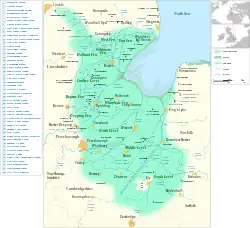 Map of the Fens within eastern England along with the major settlements, rivers and drains within it.