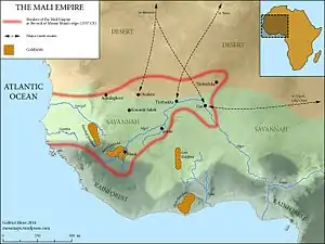 A map of West Africa showing The Mali Empire in 1337, along with its major trade routes and goldfields.