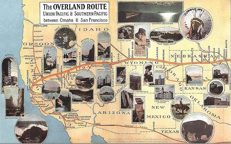 "The Overland Route to the Road of a Thousand Wonders: The Route of the Union Pacific & Southern Pacific from Omaha to San Francisco - A Journey of Eighteen Hundred Miles Where Once the Bison & the Indian Reigned"Union and Southern Pacific Railroad Passenger Departments, 1908.