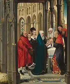 Presentation at the Temple by the Master of the Prado Annunciation, or Hans Memling, 1470s. St Joseph wears a working-mans chaperon in the original style, whilst the relative at right wears a simple evolved one.