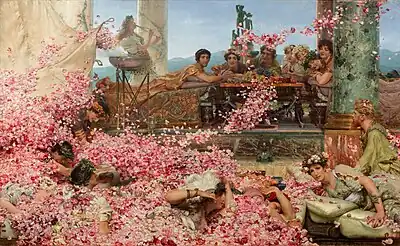 The Roses of Heliogabalus; by Lawrence Alma-Tadema; 1888; oil on canvas; 1.3 x 2.1 m; private collection of Juan Antonio Pérez Simón