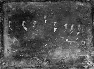 The Zachary Taylor Administration, 1849 Daguerreotype by Mathew BradyFrom left to right: William Ballard Preston, Thomas Ewing, John M. Clayton, Zachary Taylor, William M. Meredith, George W. Crawford, Jacob Collamer and Reverdy Johnson in 1849