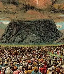 Mass-revelation at Mount Sinai in an illustration from a Bible card published by the Providence Lithograph Company, 1907