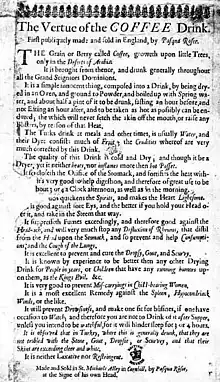 Copy of the original advertisement The Vertue of the Coffee Drink