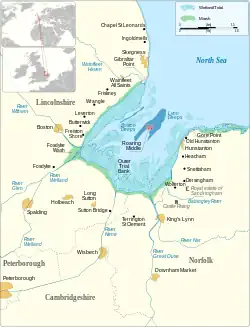 The Wash, showing the position of the towns and major villages that are of significance and the neighbouring areas.