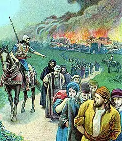 Painting of the Babylonians destroying Jerusalem and leading captives away