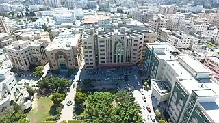 The science (center) and library (left) buildings as seen in from the western direction.