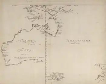 A typical map from the Golden Age of Netherlandish cartography. Australasia during the Golden Age of Dutch exploration and discovery (c. 1590s–1720s): including Nova Guinea (New Guinea), Nova Hollandia (mainland Australia), Van Diemen's Land (Tasmania), and Nova Zeelandia (New Zealand).