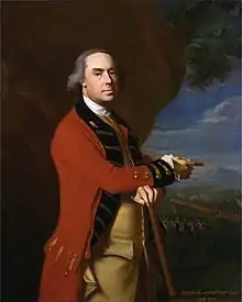 A half-length portrait of Thomas Gage. His red military uniform is visible.